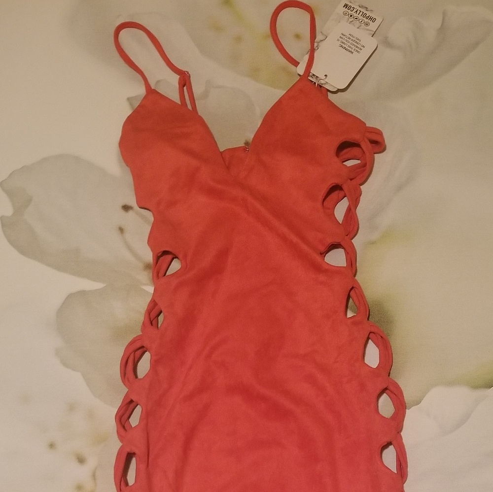 Oh polly SUEDE CUT OUT MIDI DRESS ORANGE - Picture 4 of 5